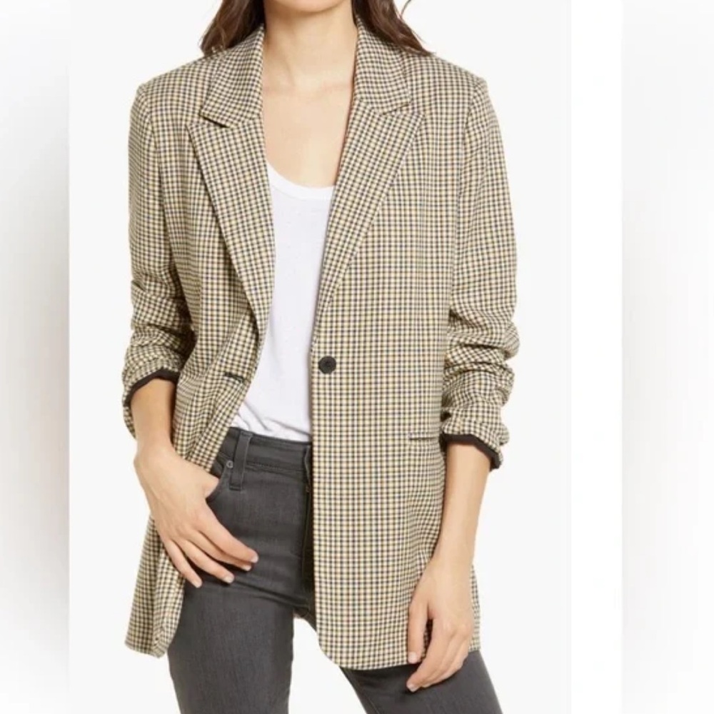 Classic Houndstooth Blazer Jacket - Neutral Tan